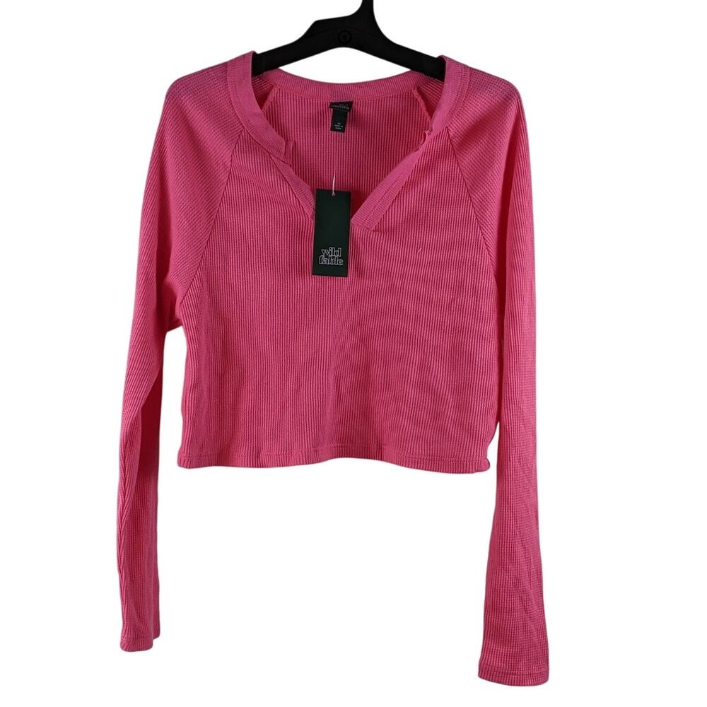 Wild Fable Long Sleeve V-Neck Waffle‎ Boxy TShirt Pink XS Regular Fit Casual New